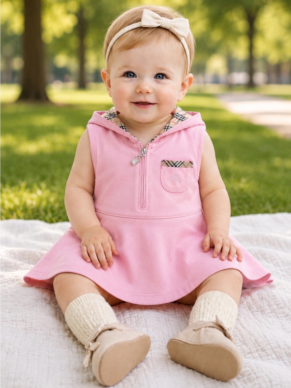 Burberry London Iconic Nova Check Baby Pink Hooded Peplum Dress